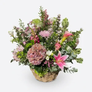 Panier floral deuil Aurore nuances rose fushia et crème - La Maison Fleurie Douai